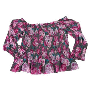 Torrid Top Womens 4 Crinkle Chiffon Smocked Waist Off Shoulder Floral Grey